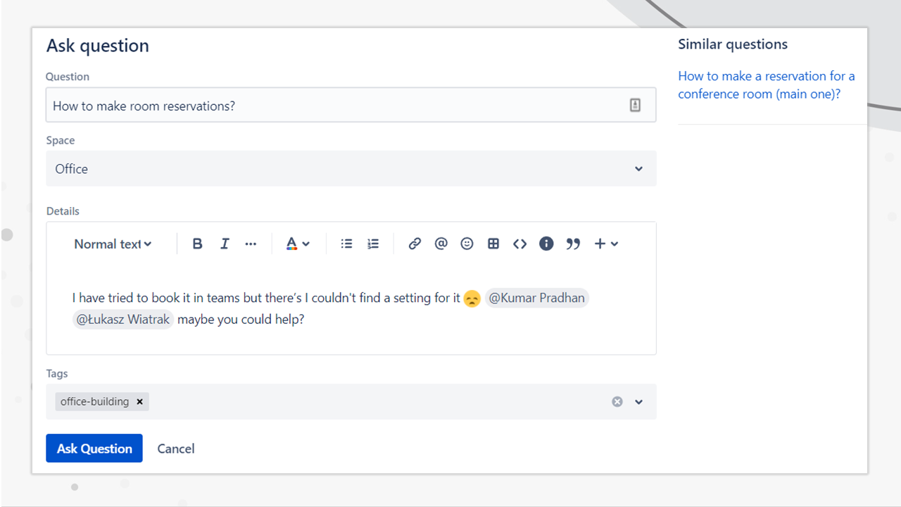 Community Questions ask question form with a similar question suggestion