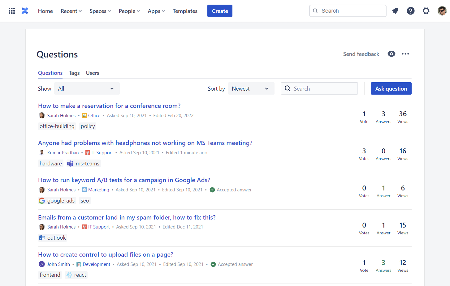 Community Questions list of questions in a Confluence space